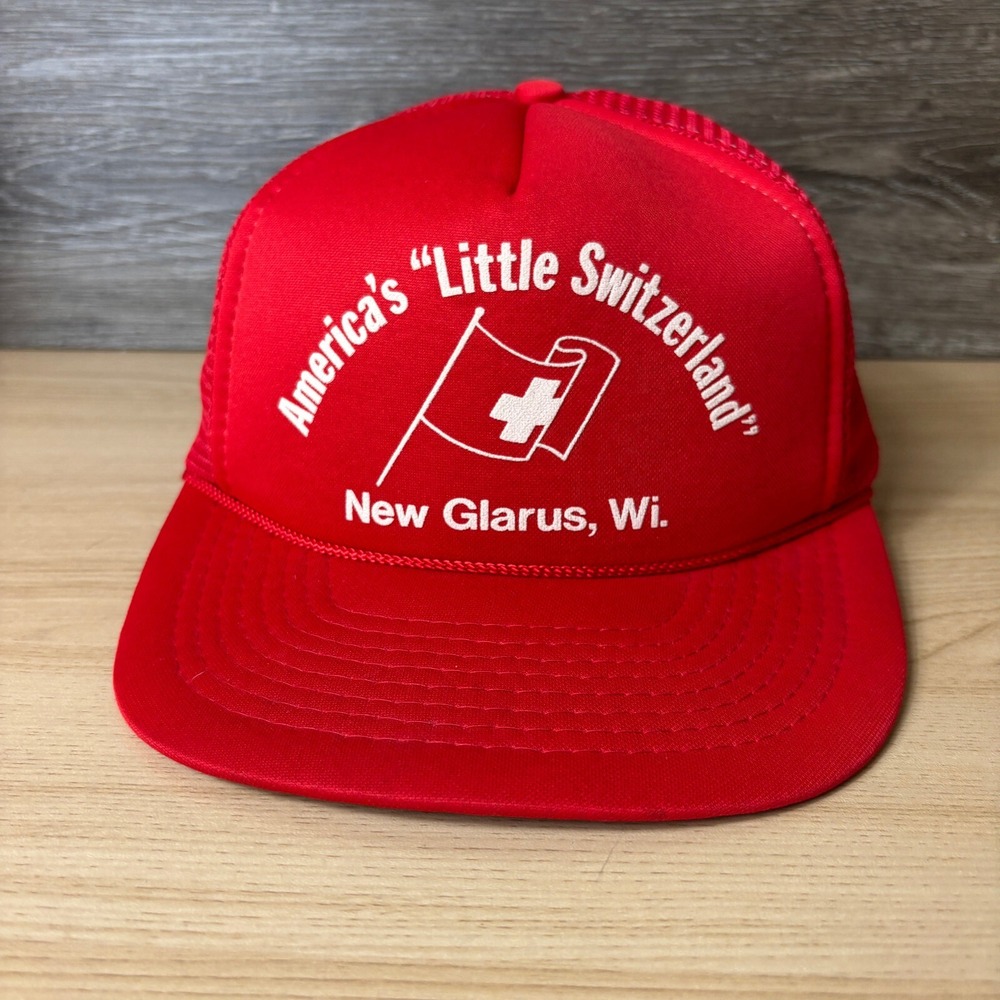 Vintage New Glarus Hat Cap Snapback Red Trucker Wisconsin Little Switzerland